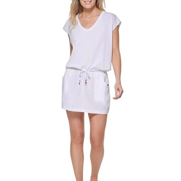 Tommy Hilfiger Women's S Medium White V Neck Drawstring Cover Up Swim Dress NWT - Picture 1 of 6